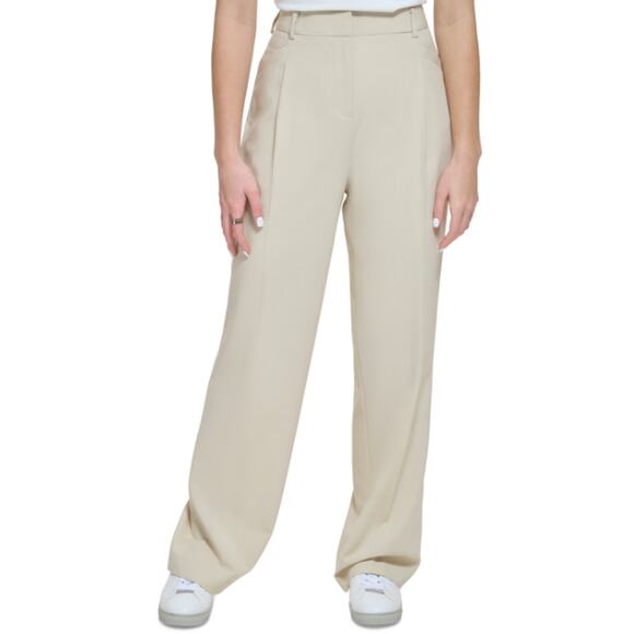 Calvin Klein Tan/Oat Pleated Wide Leg High Rise Slack Trouser Dress Pants 8 NWT - Picture 1 of 16